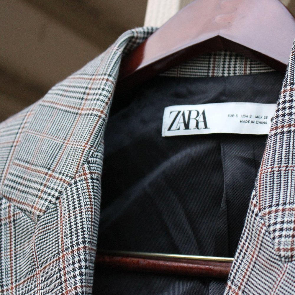 Zara Grey Plaid Gingham Double-Breasted Blazer NWT